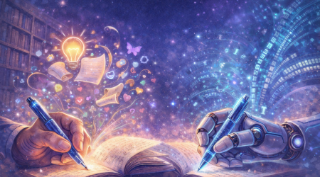 Technokratischer Fantasy-Stil. Eine menschliche Hand schreibt, über ihr eine Wolke von Emotions-Symbolen. Auf der anderen Seite schreibt eine Roboter-Hand, über ihr ein stilisierter Datenstrom